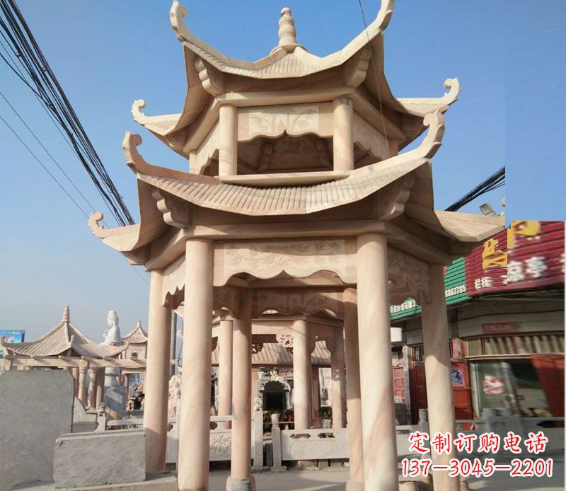 河南晚霞红双层六角凉亭石雕 (3)