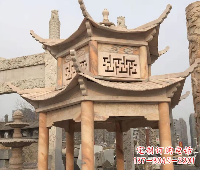 河南晚霞红双层石雕凉亭