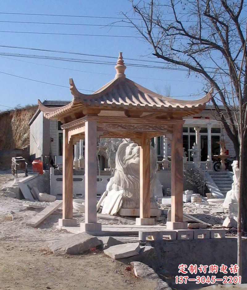 河南晚霞红四角凉亭景观石雕