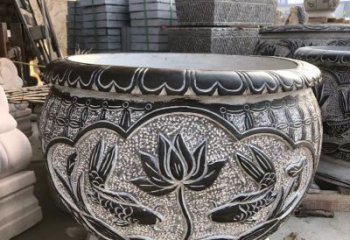 河南青石仿古荷花水缸雕塑