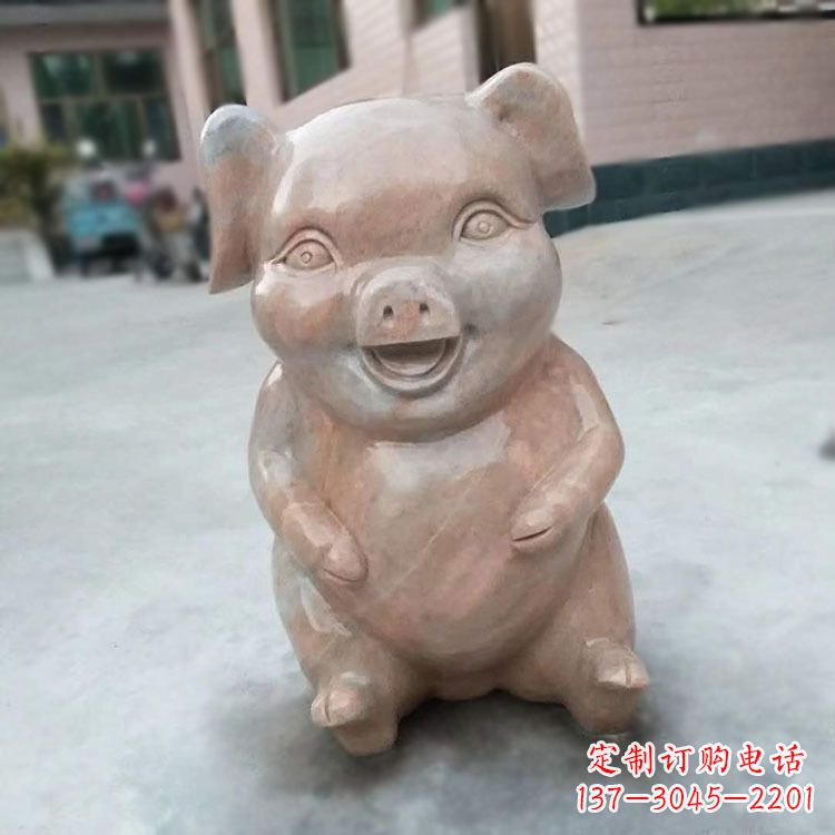 河南喜庆的石雕猪-晚霞红大理石生肖动物雕塑