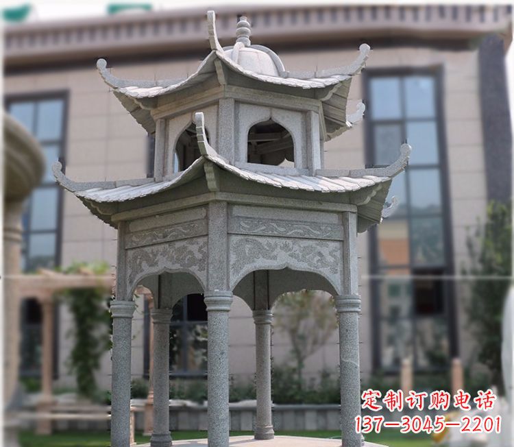 河南小区大理石六角石雕双层凉亭