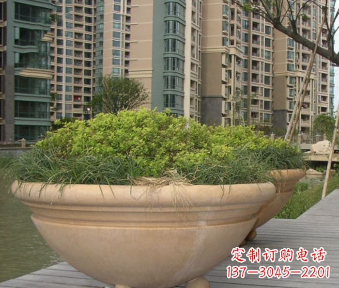 河南小区景观晚霞红花盆石雕