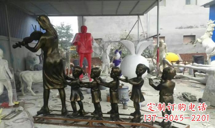 河南校园老师和儿童铜雕