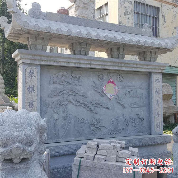 河南迎客松石雕影壁墙