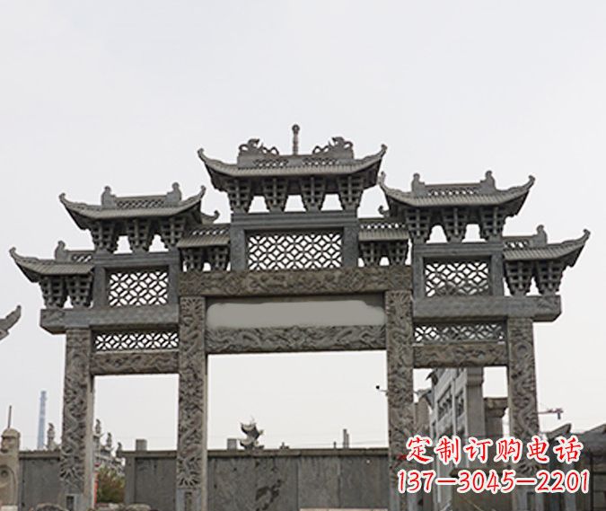 河南园林仿古三门牌坊石雕 (4)