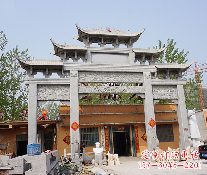 河南园林仿古三门牌坊石雕 (5)