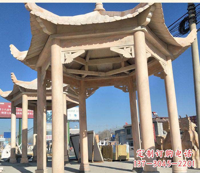 河南园林景观晚霞红六角石雕凉亭 (2)
