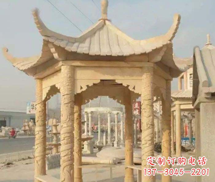 河南园林景观晚霞红六角石雕凉亭 (3)