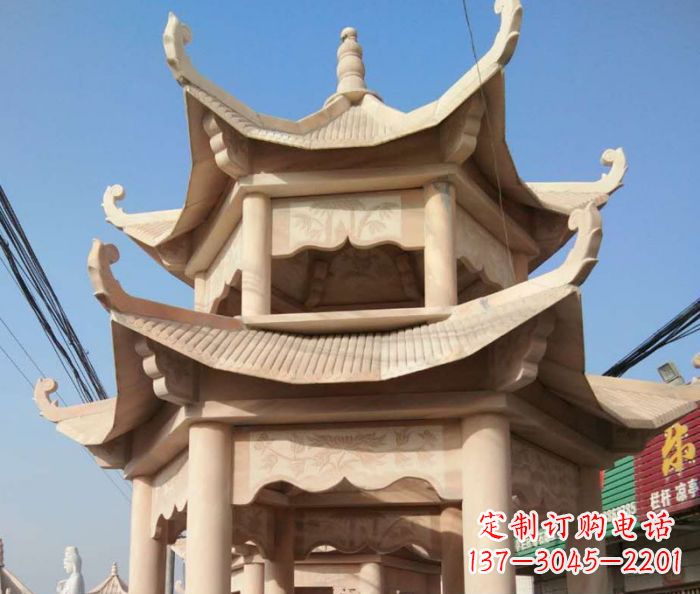 河南园林景观晚霞红双层石雕凉亭 (2)