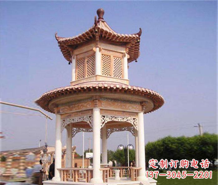 河南园林景观晚霞红双层石雕凉亭 (4)
