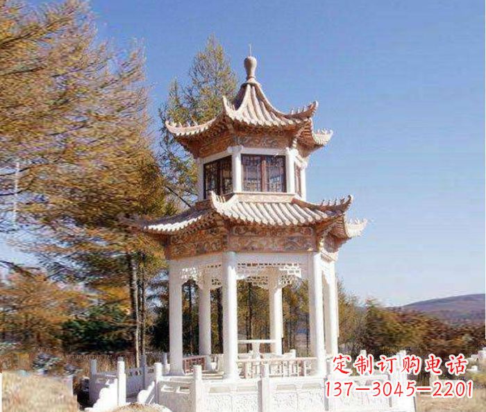 河南园林景观晚霞红双层石雕凉亭 (3)