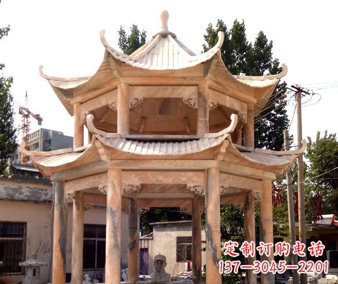 河南园林景观晚霞红双层石雕凉亭