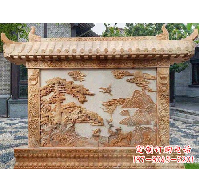 河南园林景观晚霞红松鹤石浮雕影壁