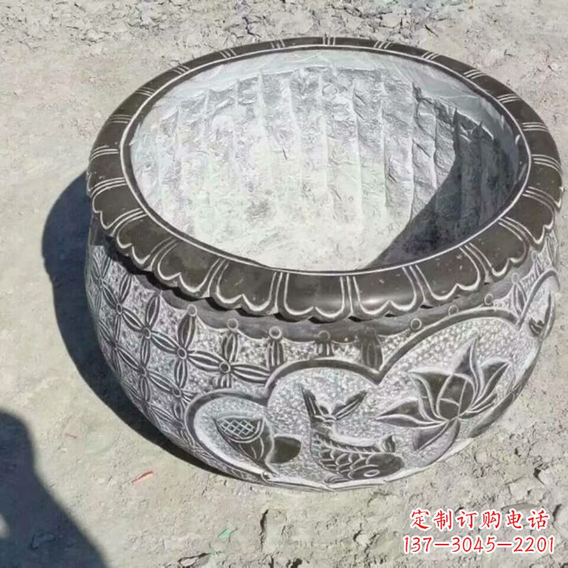 河南园林莲花鱼纹石雕水缸