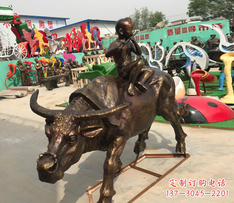 河南园林牧童骑牛铜雕塑