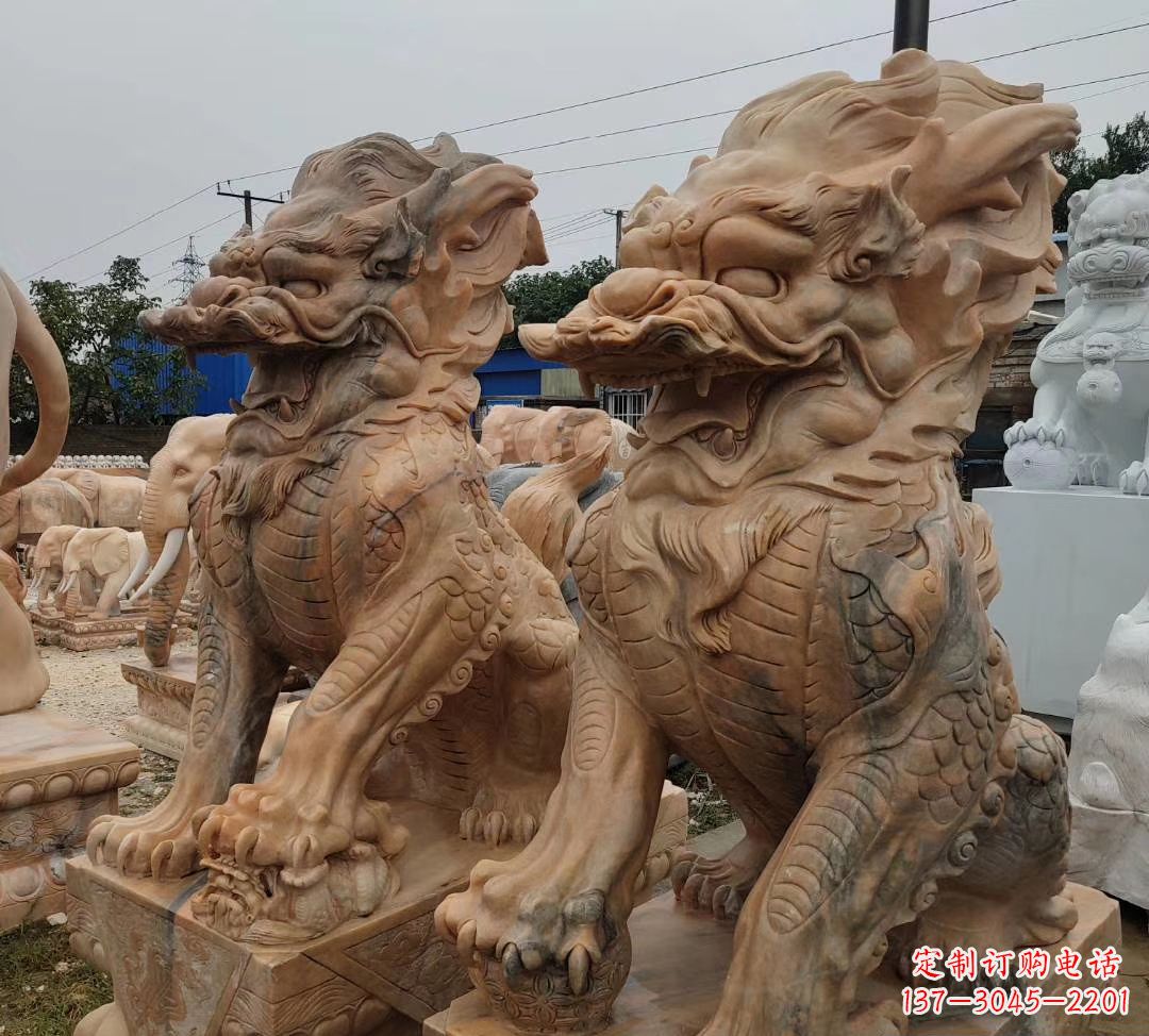 河南园林晚霞红古代招财神兽麒麟石雕