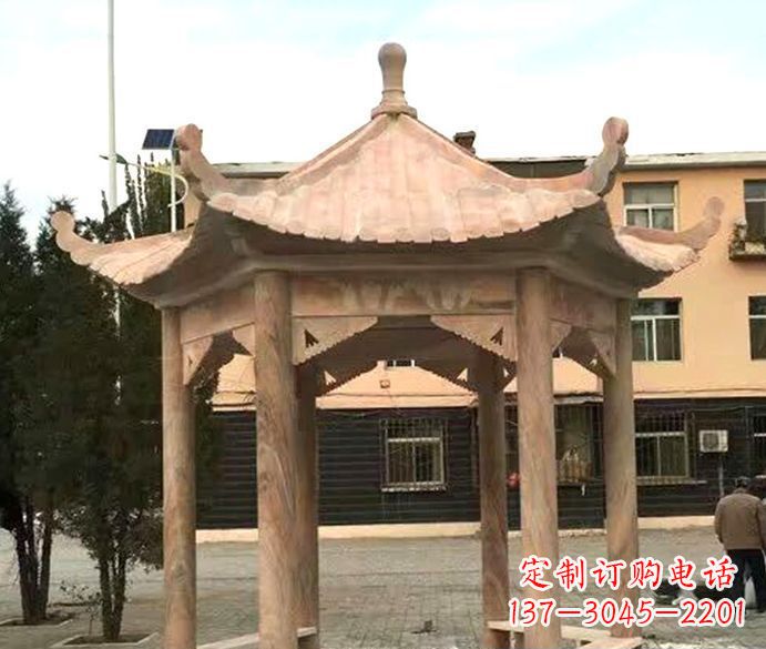 河南园林晚霞红六角石雕凉亭