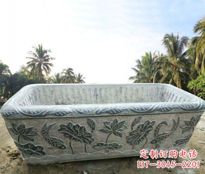 河南长方形连年有余荷花浮雕石水缸