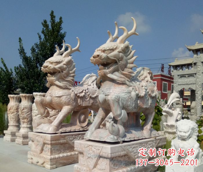 河南招财神兽晚霞红石雕麒麟