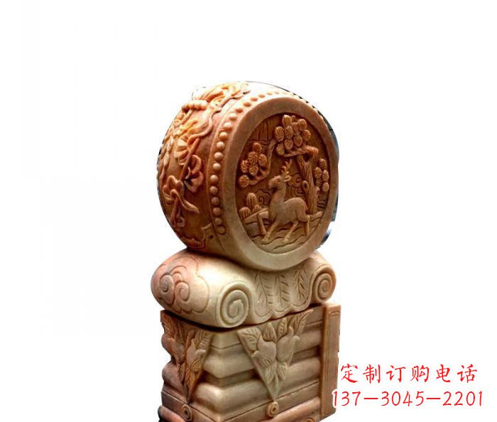 河南招财石门墩晚霞红抱鼓石