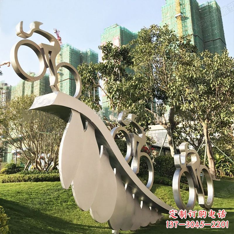 河南自行车雕塑-抽象不锈钢骑自行车人物景观雕塑